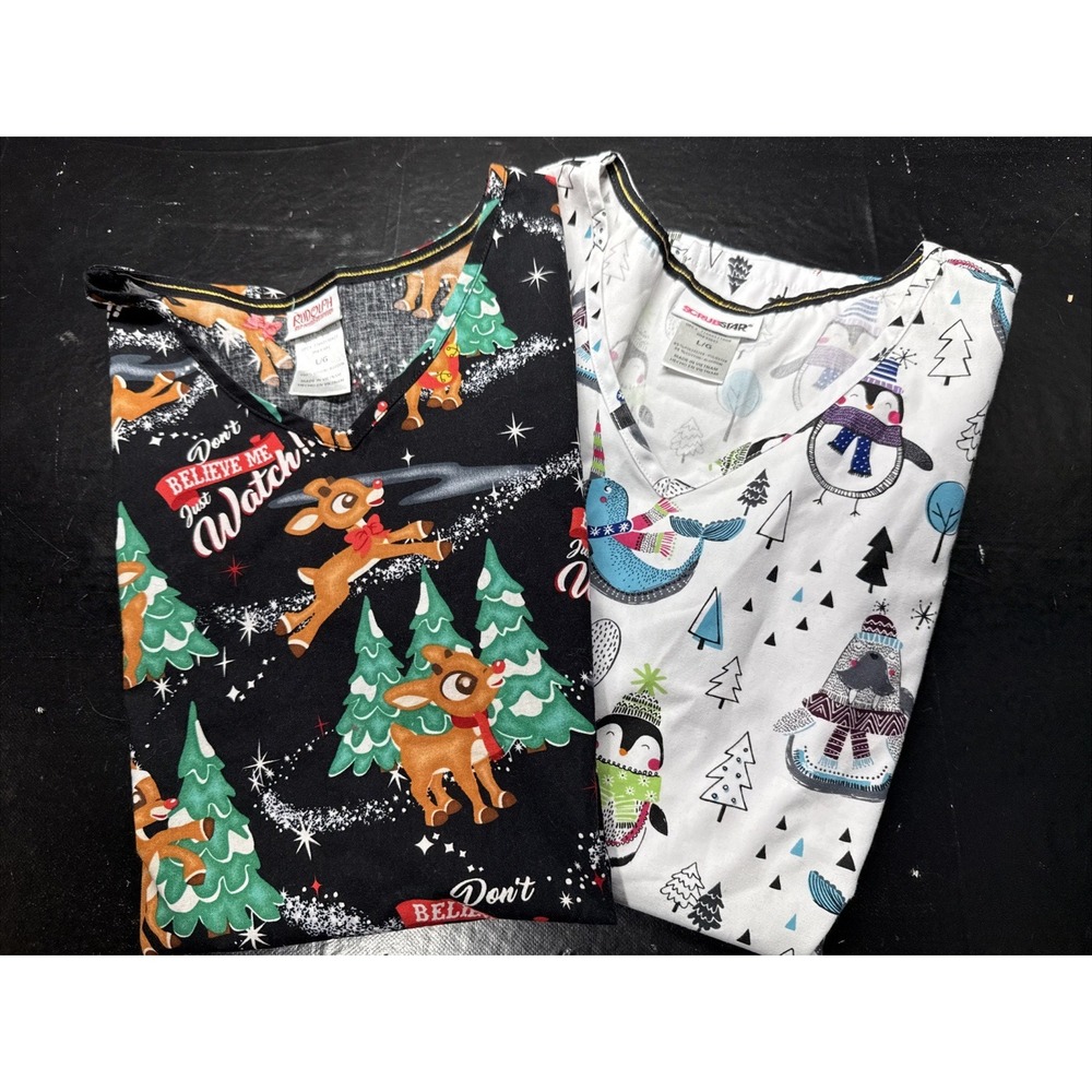 2 Womens L winter Christmas scrub holiday penguins narwhals uniform‎ top Rudolph